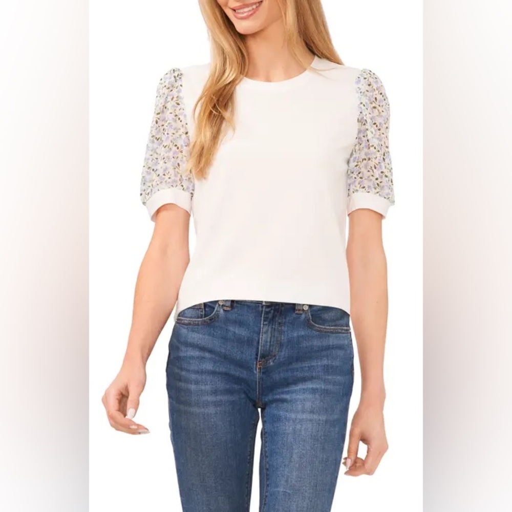 CeCe White Top with Blue Floral Puff Sleves